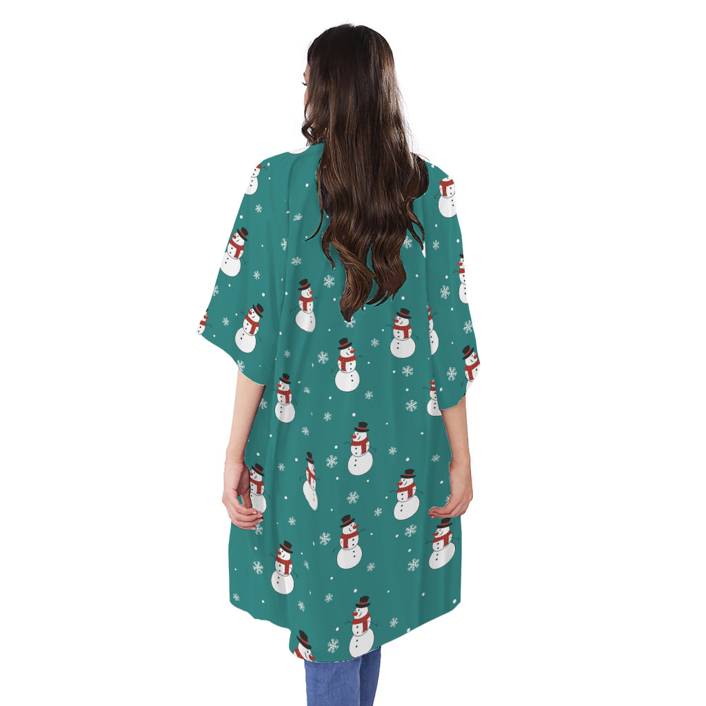 Teal Snowman Pattern Print Open Front Beach Cover Up