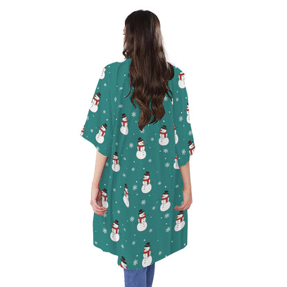 Teal Snowman Pattern Print Open Front Beach Cover Up