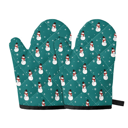 Teal Snowman Pattern Print Oven Mitts