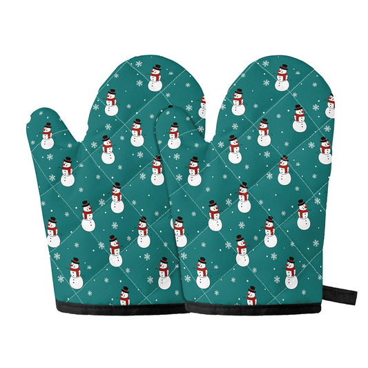 Teal Snowman Pattern Print Oven Mitts