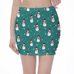 Teal Snowman Pattern Print Pencil Mini Skirt
