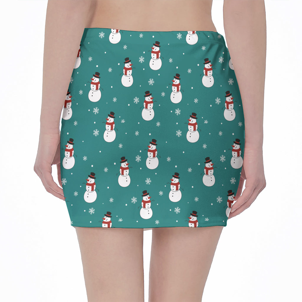 Teal Snowman Pattern Print Pencil Mini Skirt