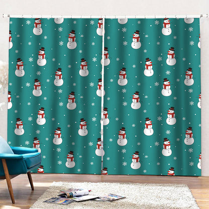 Teal Snowman Pattern Print Pencil Pleat Curtains