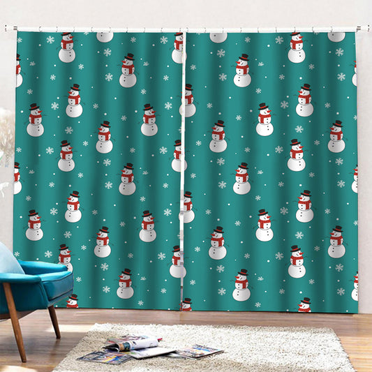 Teal Snowman Pattern Print Pencil Pleat Curtains