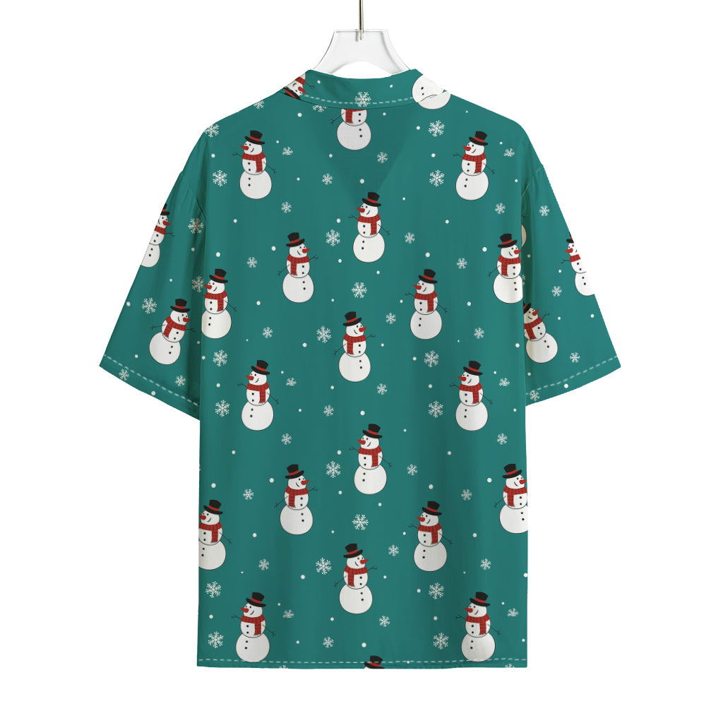 Teal Snowman Pattern Print Rayon Hawaiian Shirt
