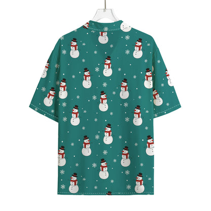 Teal Snowman Pattern Print Rayon Hawaiian Shirt