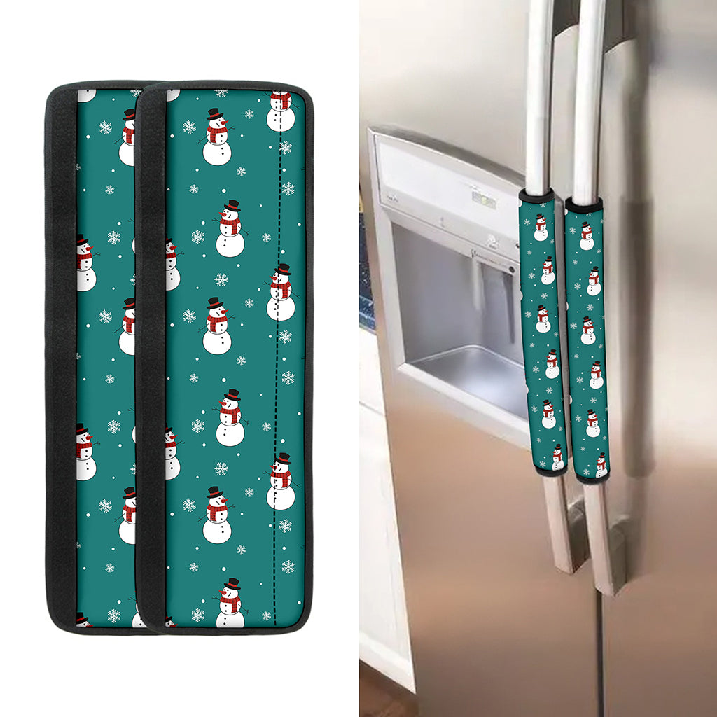 Teal Snowman Pattern Print Refrigerator Handle Covers