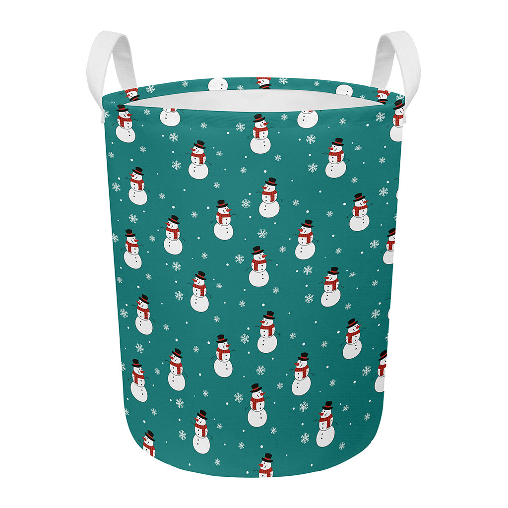 Teal Snowman Pattern Print Round Laundry Basket