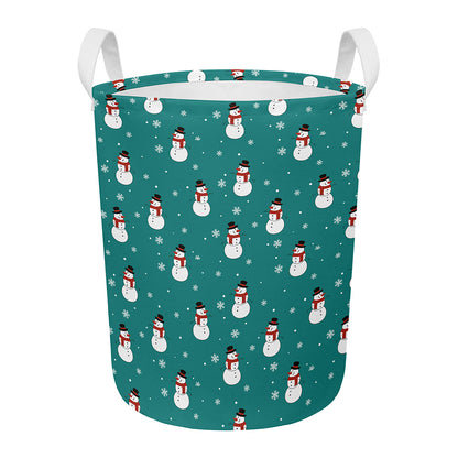 Teal Snowman Pattern Print Round Laundry Basket