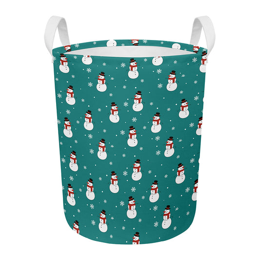 Teal Snowman Pattern Print Round Laundry Basket