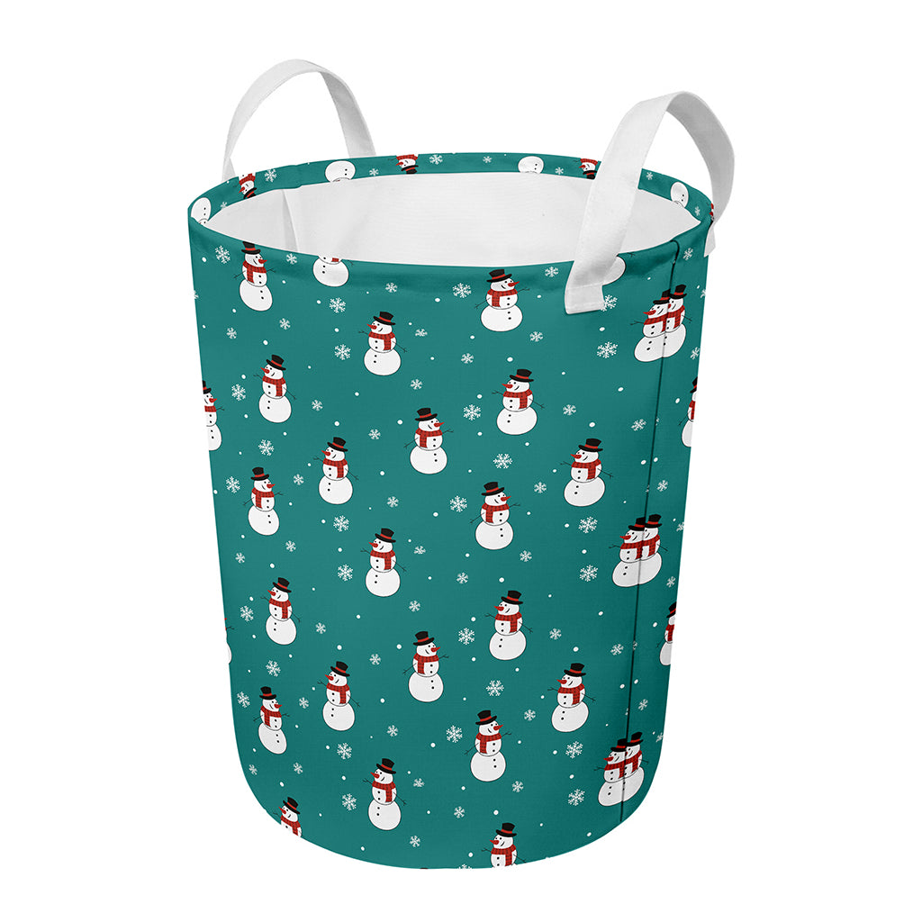 Teal Snowman Pattern Print Round Laundry Basket