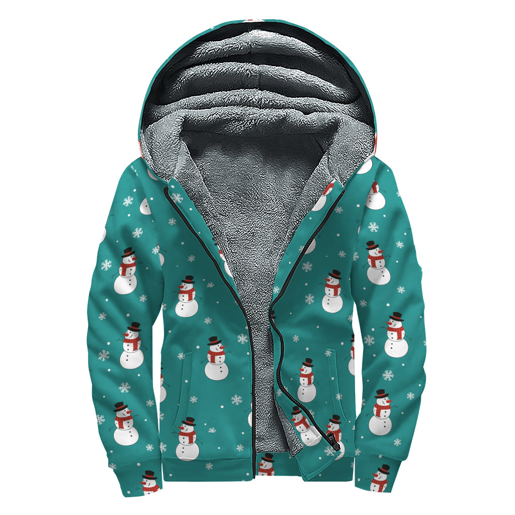 Teal Snowman Pattern Print Sherpa Lined Zip Up Hoodie