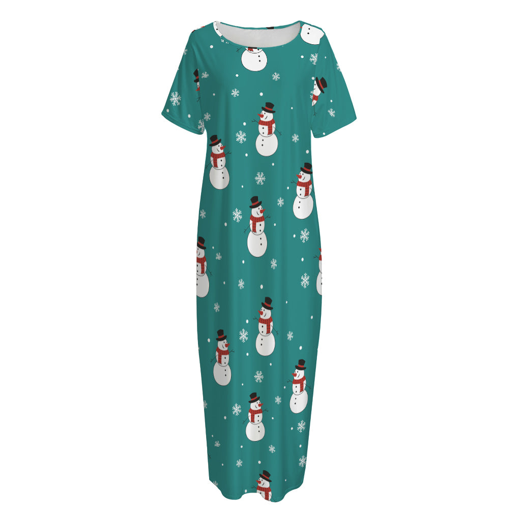 Teal Snowman Pattern Print Short Sleeve Long Nightdress