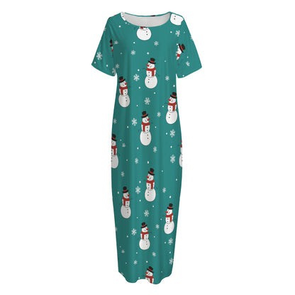 Teal Snowman Pattern Print Short Sleeve Long Nightdress
