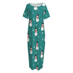Teal Snowman Pattern Print Short Sleeve Long Nightdress