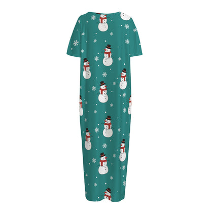 Teal Snowman Pattern Print Short Sleeve Long Nightdress