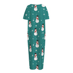 Teal Snowman Pattern Print Short Sleeve Long Nightdress