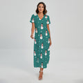 Teal Snowman Pattern Print Short Sleeve Maxi Dress