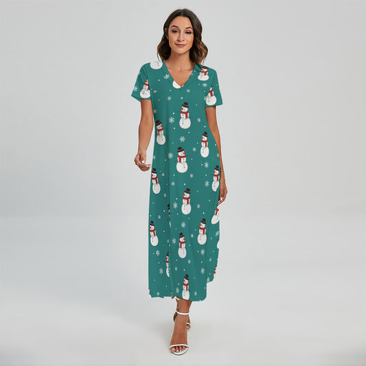 Teal Snowman Pattern Print Short Sleeve Maxi Dress