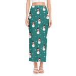 Teal Snowman Pattern Print Side Slit Maxi Skirt