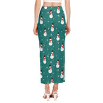Teal Snowman Pattern Print Side Slit Maxi Skirt