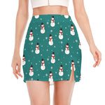 Teal Snowman Pattern Print Side Slit Mini Skirt