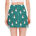 Teal Snowman Pattern Print Side Slit Mini Skirt