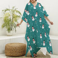 Teal Snowman Pattern Print Silk V-Neck Kaftan Dress