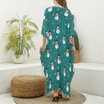 Teal Snowman Pattern Print Silk V-Neck Kaftan Dress
