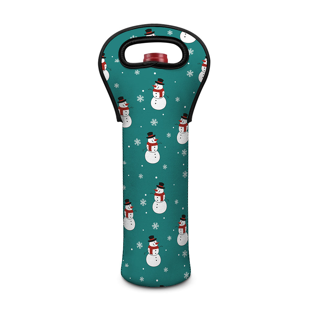 Teal Snowman Pattern Print Single Neoprene Wine Tote