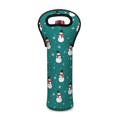 Teal Snowman Pattern Print Single Neoprene Wine Tote