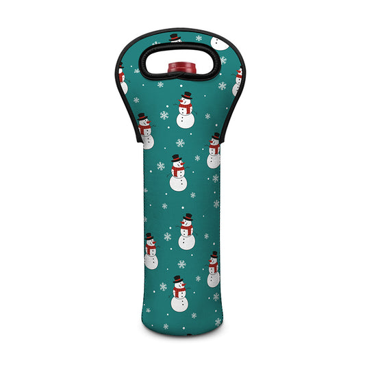 Teal Snowman Pattern Print Single Neoprene Wine Tote