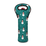 Teal Snowman Pattern Print Single Neoprene Wine Tote