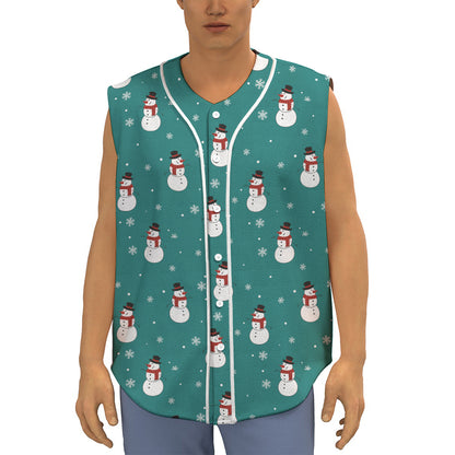 Teal Snowman Pattern Print Sleeveless Baseball Jersey