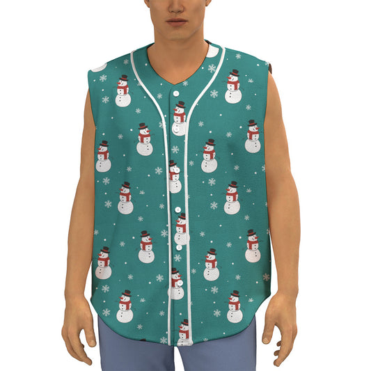 Teal Snowman Pattern Print Sleeveless Baseball Jersey