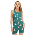 Teal Snowman Pattern Print Sleeveless One Piece Swimsuit