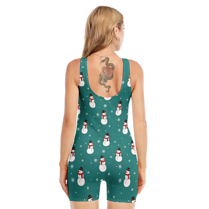 Teal Snowman Pattern Print Sleeveless One Piece Swimsuit