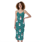Teal Snowman Pattern Print Slim Fit Midi Cami Dress