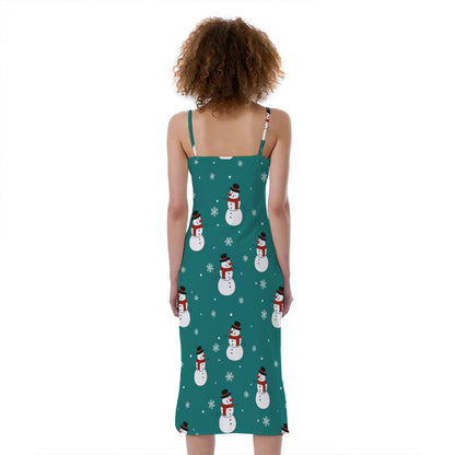 Teal Snowman Pattern Print Slim Fit Midi Cami Dress