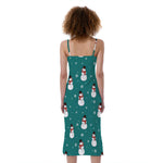Teal Snowman Pattern Print Slim Fit Midi Cami Dress