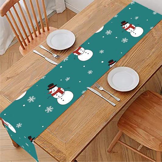 Teal Snowman Pattern Print Table Runner