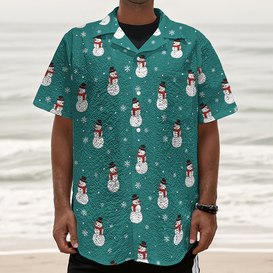 Teal Snowman Pattern Print Textured Short Sleeve Shirt