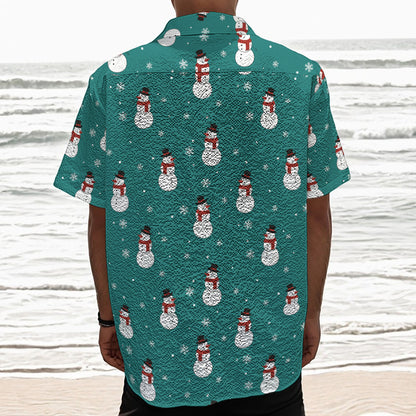 Teal Snowman Pattern Print Textured Short Sleeve Shirt
