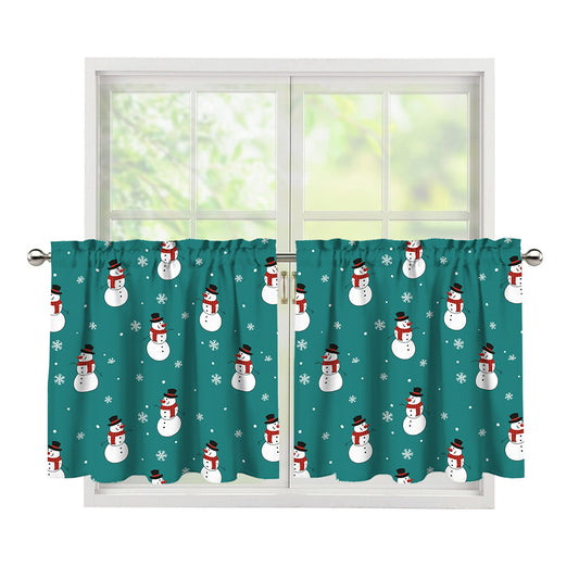 Teal Snowman Pattern Print Tier Curtains