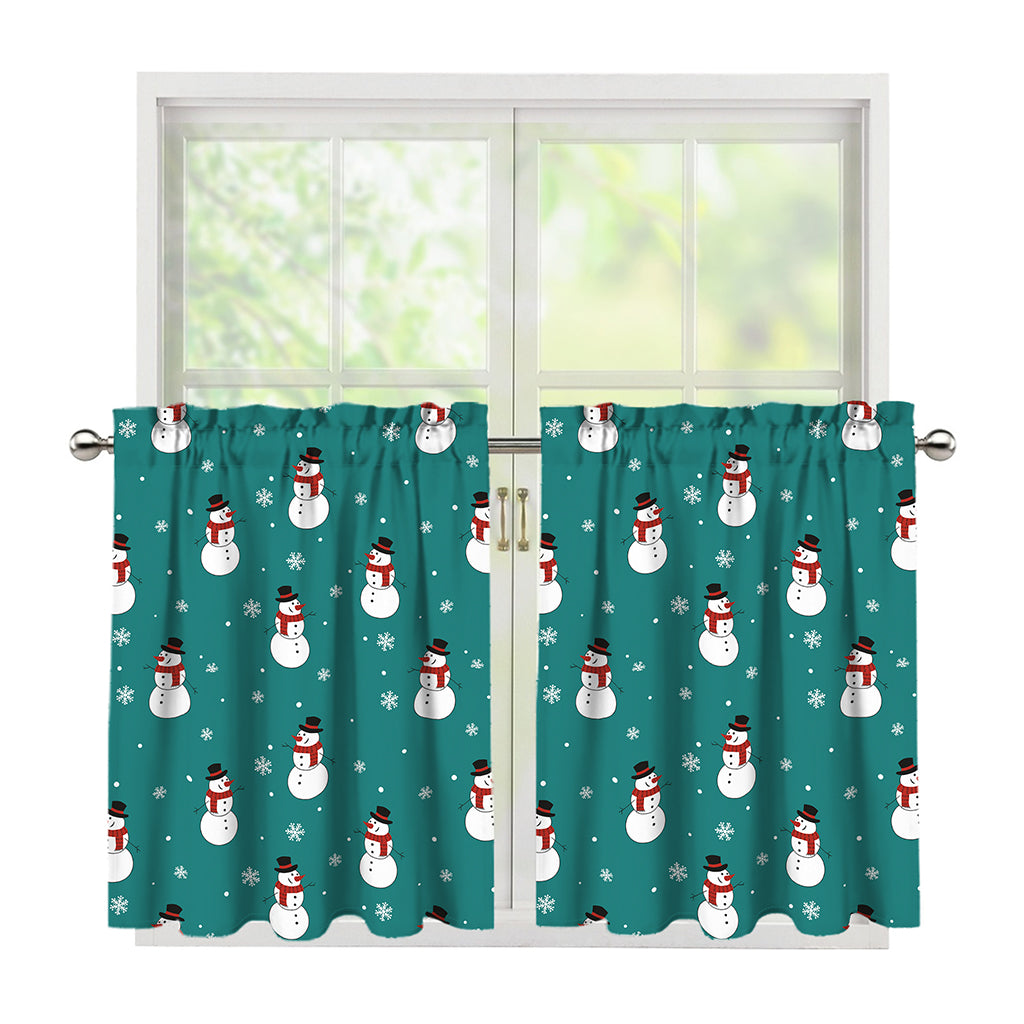 Teal Snowman Pattern Print Tier Curtains