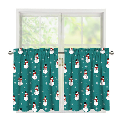 Teal Snowman Pattern Print Tier Curtains
