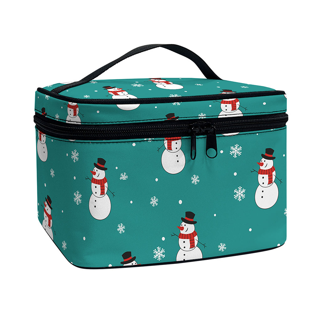 Teal Snowman Pattern Print Travel Makeup Bag