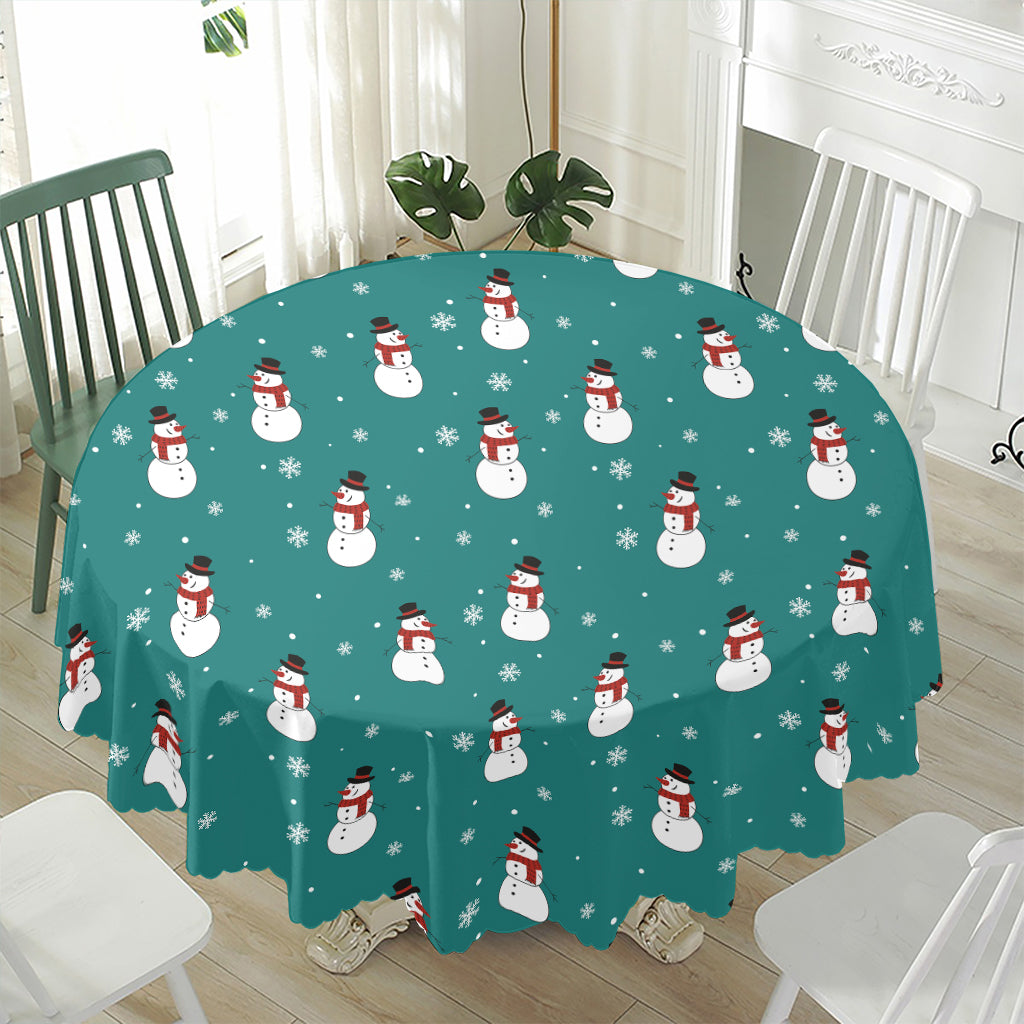 Teal Snowman Pattern Print Waterproof Round Tablecloth