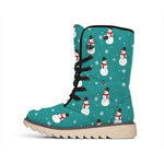 Teal Snowman Pattern Print Winter Boots