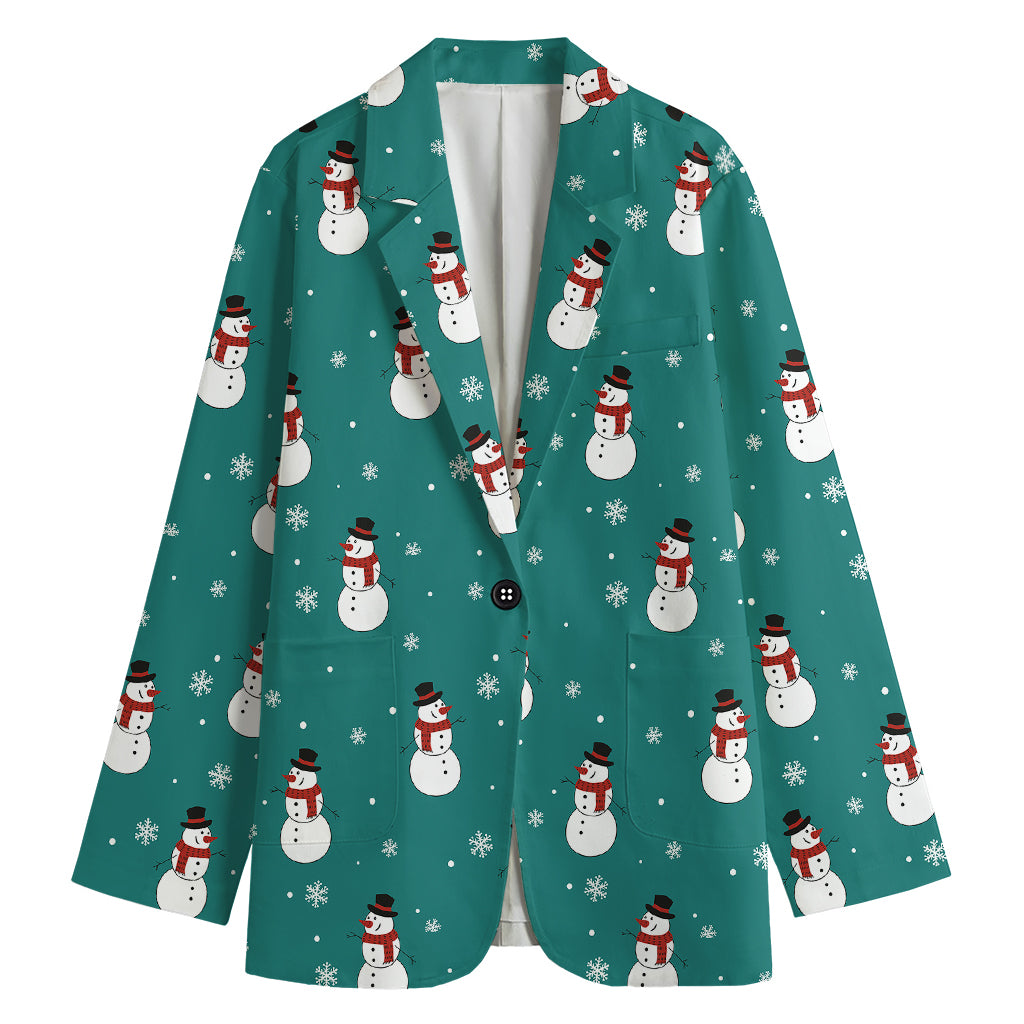 Teal Snowman Pattern Print Women's Blazer